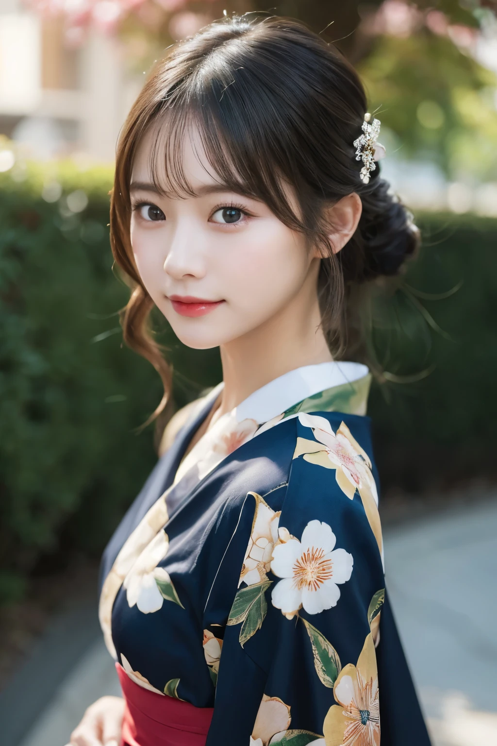 （kimono）、(highest quality、8k、High resolution、masterpiece:1.2)、Very detailed、(Realistic、photoRealistic、photo-Realistic:1.3)、Bokeh、Portraiture、smile、(Beautiful and detailed eyes、beautiful girl、Young face、Detailed face、No makeup)、A little backlight、Depth of written boundary、chromatic aberration、Use natural light and color、Wide range of lighting、Natural Shading、Caustics