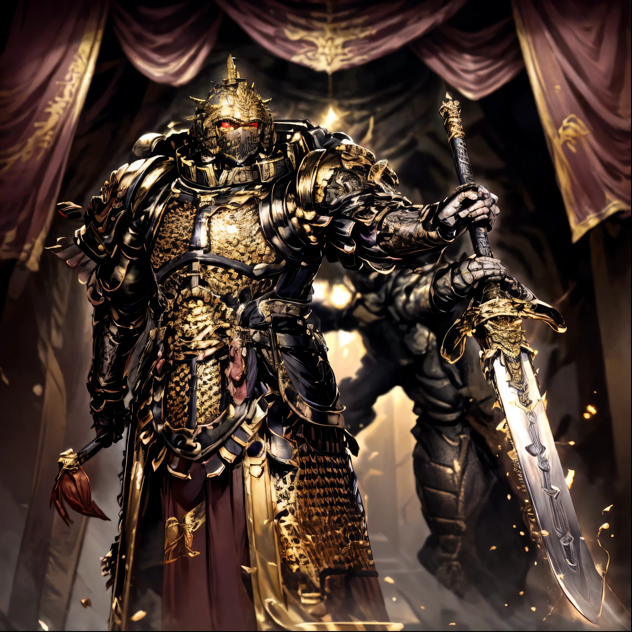 1 boy, Solitary, After obtaining the Astartes, Space Marines, , Purple Power Armor, helmet, Red Eyes, Glowing eyes, indoors, On the streets of the Forbidden City，In the Forbidden City，There is a golden dragon pattern on the armor，，，，，，Purple Armor ，Purple Armor，Purple Armor，Purple Armor，Many angles of the mechanical arms on the armor, (masterpiece), (best quality), (Extremely detailed), very beautiful, illustration, Perfect composition, Intricate details, absurd，Chinese Heavy Armor,Chinese Heavy Armor，Chinese Heavy Armor,Chinese Heavy Armor，Chinese Heavy Armor,Chinese Heavy Armor，Astartes，Astartes，Astartes，Astartes，Astartes，Heavy mask，Heavy mask，Heavy mask，Heavy mask，Glowing golden long sword，Glowing golden long sword，Glowing golden long sword，Glowing golden long sword，Glowing golden long sword，Glowing golden long sword