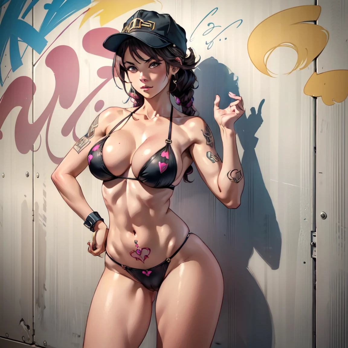 estilo anime, mujer grafitera, grafiti en la pared, desnuda contra la pared, gorra de lado, colores vivos, buena figura, buenas curvas, tatuajes maxima calidad, ultra detallado, 8K, cuerpo entero, cameltoe, ultra detailed 8k image, sharp image.