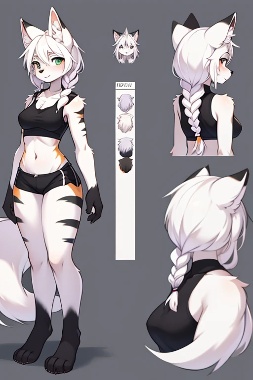 ( Absurdly , High quality , ultra detailed ) ,( hand detailed ) , 1girl, solo, mature, (concept art, character sheet), absurdres(highly detailed beautiful face and eyes)perfect anatomy Solo, Young Female white fox-cat (((lean-body))) (((medium breasts))) (short snout),(((fur (black stripe) between neck and shoulder towards chest))) ((fur (black stripes) on waist))(ears are darker), (heterochromia (orange, violet)), (cat tail (black at end)), (white hair (single-braided)), ((Female wolf)) (detailed eyes) (clevedge, (collarbone, shoulders), (solo, (1girl)) ((((fluffy white fur)))) ((extremely detailed fur)) ((hair in face)) (big braid), (thin long tail) (heterochromia) (extremely detailed eyes) (((concept art, character sheet, (multiple views)))) (short shorts) (sports bra)