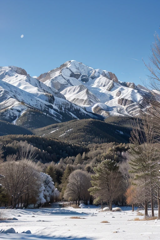 paisaje nevado, big mountains with snow, bosque de pinos con nieve