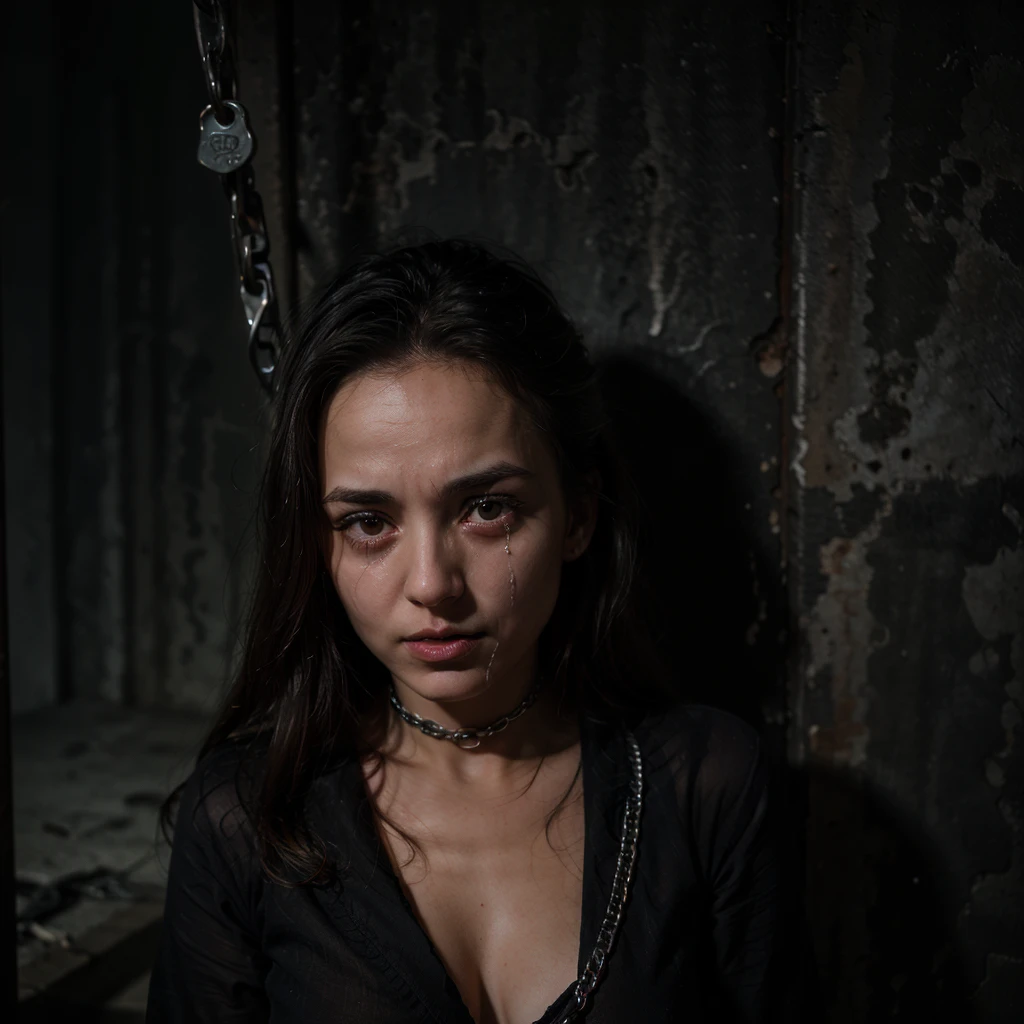 chained to the wall, arms up, her body dangles attached to the chains. Expression of fear in her crying eyes. extremely photorealistic. The characters are surrounded by mist, evoking a mysterious and eerie atmosphere. The lighting is dark and atmospheric, with a red smoke adding a touch of sinister ambiance. The image is of the best quality, with a resolution of 4k and HDR enhancement, showcasing the utmost level of detail and realism, sfw, full body shot. View from above. (1woman), MFBP1