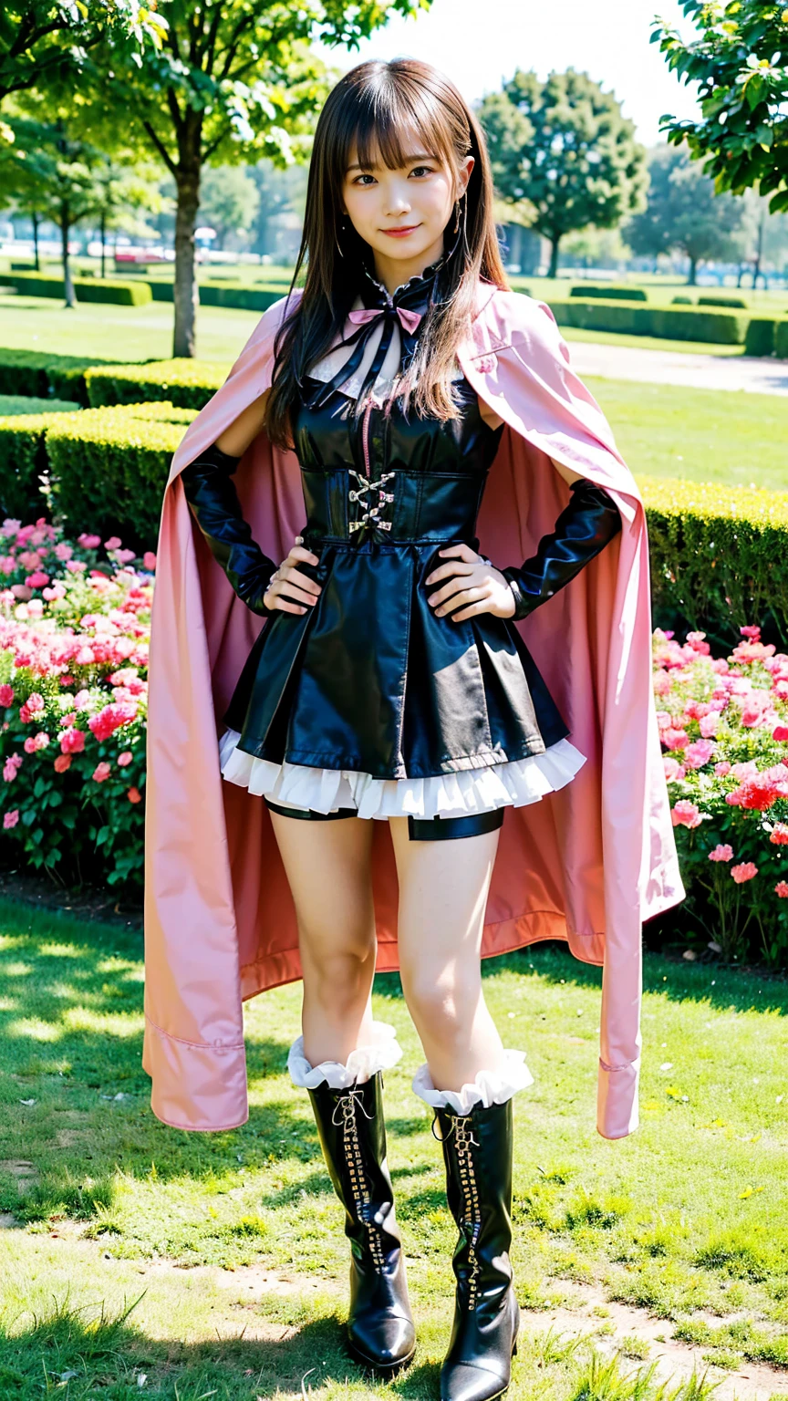 (8k、RAW Photos、highest quality、masterpiece:1.2)、(Realistic、Realistic)、1 girl、((Pink and black miniskirt、Bustier、Cape、boots、See-through、Frills、smile、I can see your feet、garden、Semi-long hair、Standing with hands on hips))、Lots of eyelashes、Glowing eyelids、skeletally correct