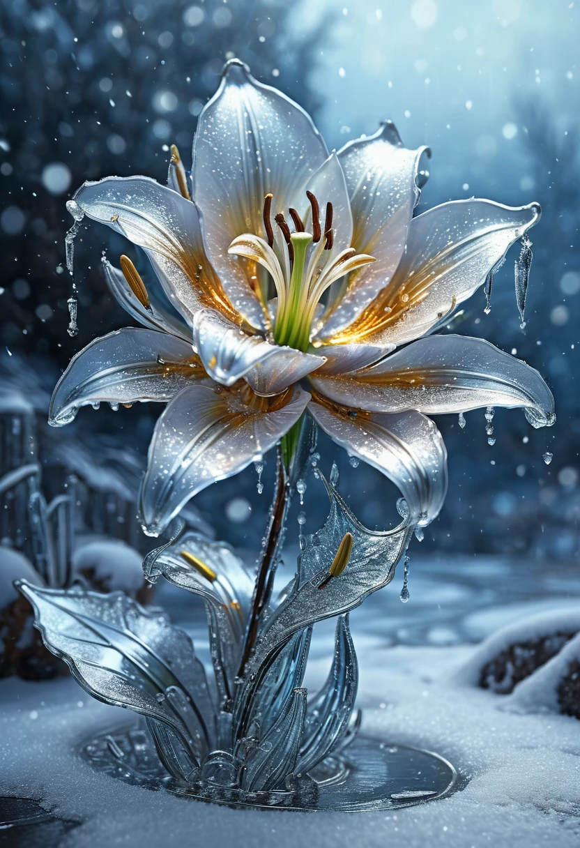 Liquid Metal, stunning cinematic full body visual of a frozen mercury lily snowy landscape with crystal snow falling from the sky but it's made of Circuitry fantasy liquid metal wave street with a metal firefly shining, Hyperrealistic, steampunk, splash art, concept art, mid shot, intricately detailed, color depth, dramatic, 2/3 face angle, side light, colorful background