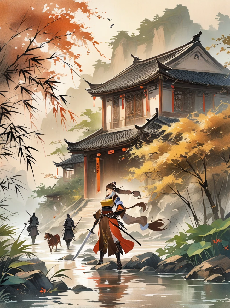 Ink Painting,female knight on water,Wearing exquisite Chinese Tang Dynasty Mingguang armor,Male Knight,Wearing armor,Behind is a bamboo forest,sword,landscape,Ultra HD resolution,Freehand style,majestic,Natural light,Cavaliers Focus