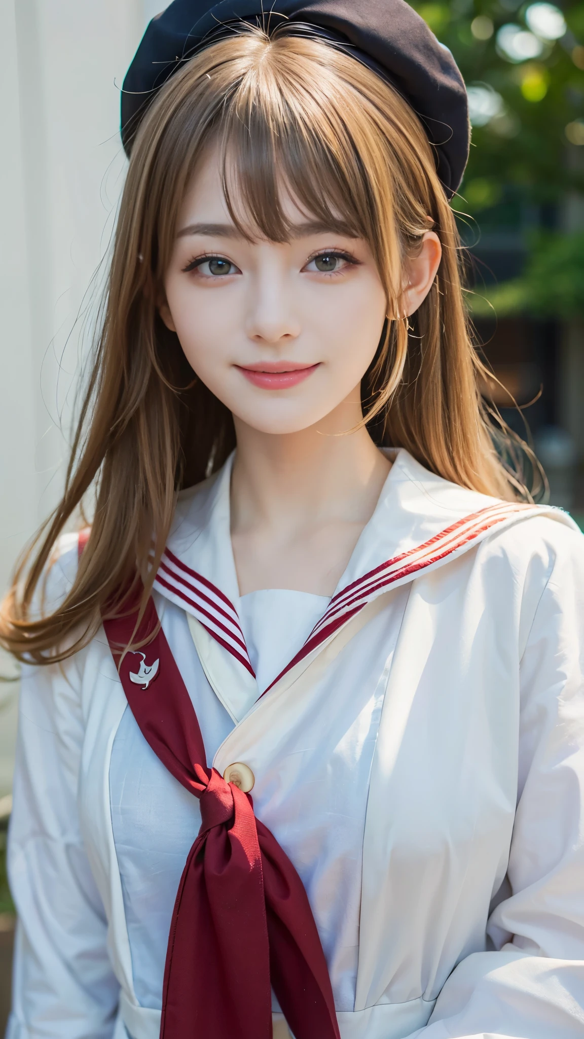 ((highest quality、Masterpiece、High resolution))、(((Zoom photo of upper body)))、(A shy smile:1.2)、One 15-year-old female、Beautiful Skin、Beautiful Eyes、Sailor suit、Blonde Hair、Trimmed bangs