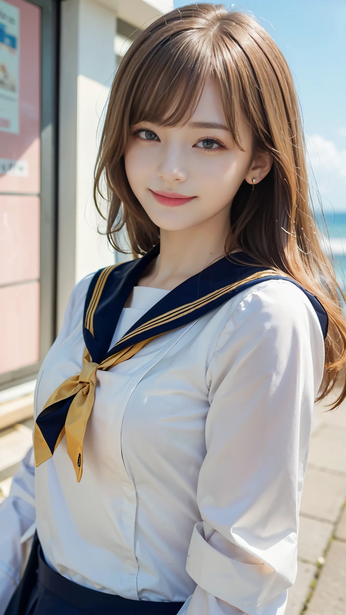 ((highest quality、Masterpiece、High resolution))、(((Zoom photo of upper body)))、(A shy smile:1.2)、One 15-year-old female、Beautiful Skin、Beautiful Eyes、Sailor suit、Blonde Hair、Trimmed bangs