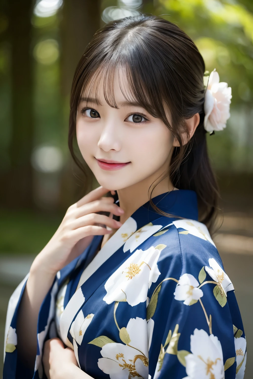 (kimono)、(highest quality、8k、High resolution、masterpiece:1.2)、Very detailed、(Realistic、photoRealistic、photo-Realistic:1.3)、Bokeh、Portraiture、smile、(Beautiful and detailed eyes、Young face、Detailed face、No makeup)、A little backlight、Depth of written boundary、chromatic aberration、Use natural light and color、Wide range of lighting、Natural Shading、Caustics