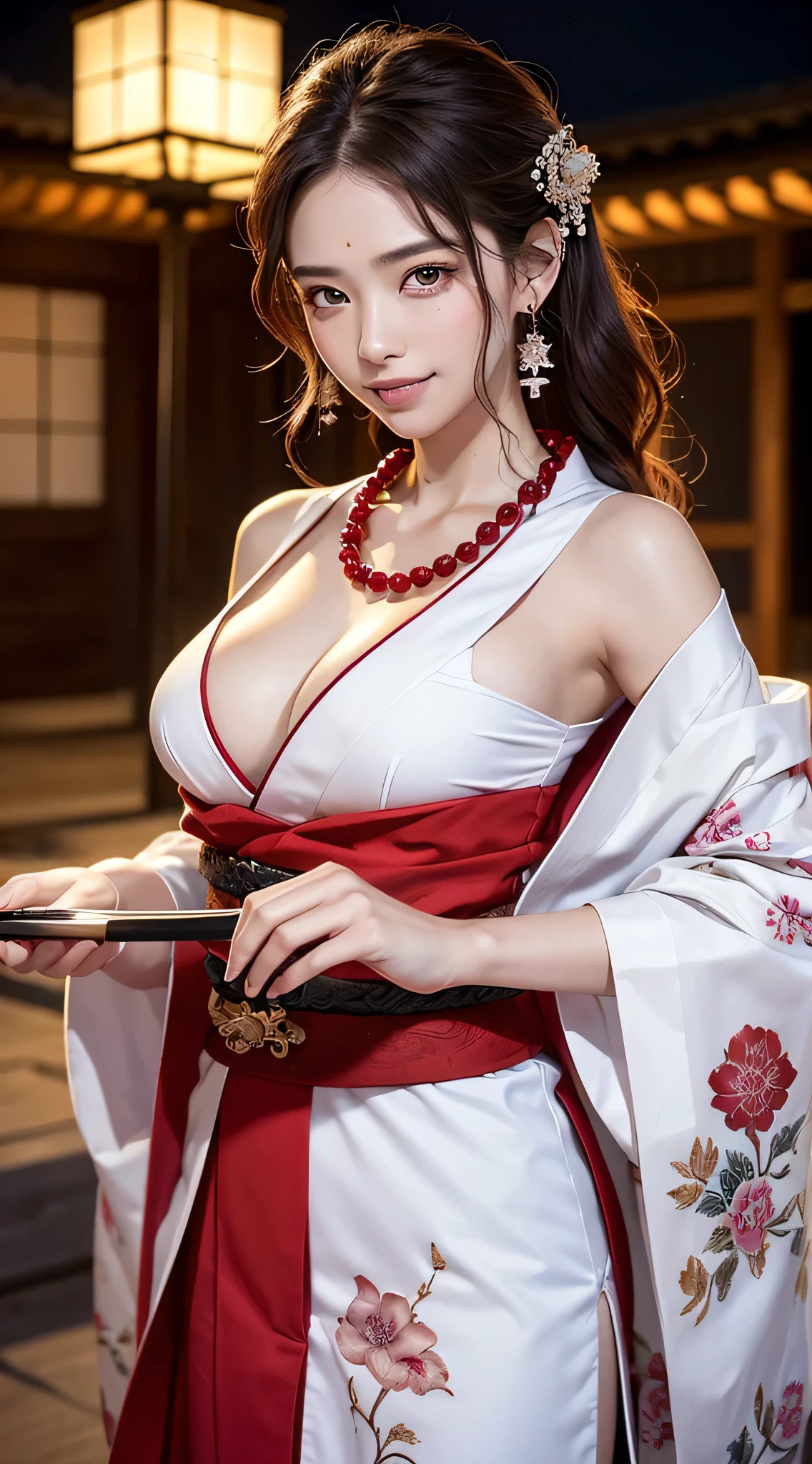 8K Ultra HD, Digital SLR,Film Grain, Fujifilm XT3,(highest quality:1.3), (masterpiece:1.1), High resolution, Cinematic Light, White Long Sword Holding a Japanese sword,Intricate details, (Realistic) (Night view) Realistic backlight、Dramatic red toned light、Beautiful Japanese Geisha full body photo, ((Facial texture Pore details)), Grin、Devilish smile, Simple messy hairstyle, Wearing a black satin kimono with a traditional dragon motif, Open shoulders, Colorful dragon tattoos all over the body, Long Blade, Inside a traditional villa,白い柄のHolding a Japanese sword,, 8k, Front blur,Ultra HD, Digital SLR,Film Grain, Fujifilm(8k, highest quality, masterpiece:1,2), (Realistic, Realistic:1.37), Very detailed, One Girl,), (Very detailed), (Detailed and beautiful eyes), (highest qualityの), (Very detailed ), (masterpiece), (Detailed face),woman((19 years old)), hair((red, Wavy, length)), eye ((red eye, big eye)), Clothes((kimono,big slit, Red floral pattern)), accessories ((Earrings, necklace)), Huge breasts, big , smile, background,Long Hair,Red Clothes,Cowboy Shot
