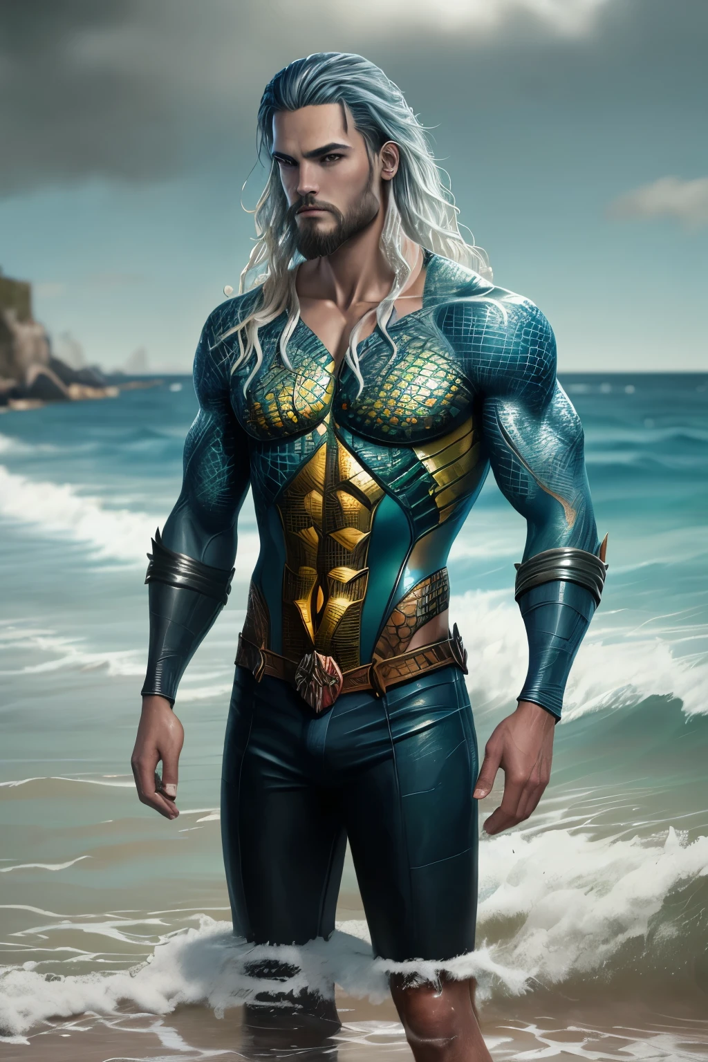 haz una pintura estilo van ghoth de un hombre en el mar parecido a aquaman pero con ropa de color negro