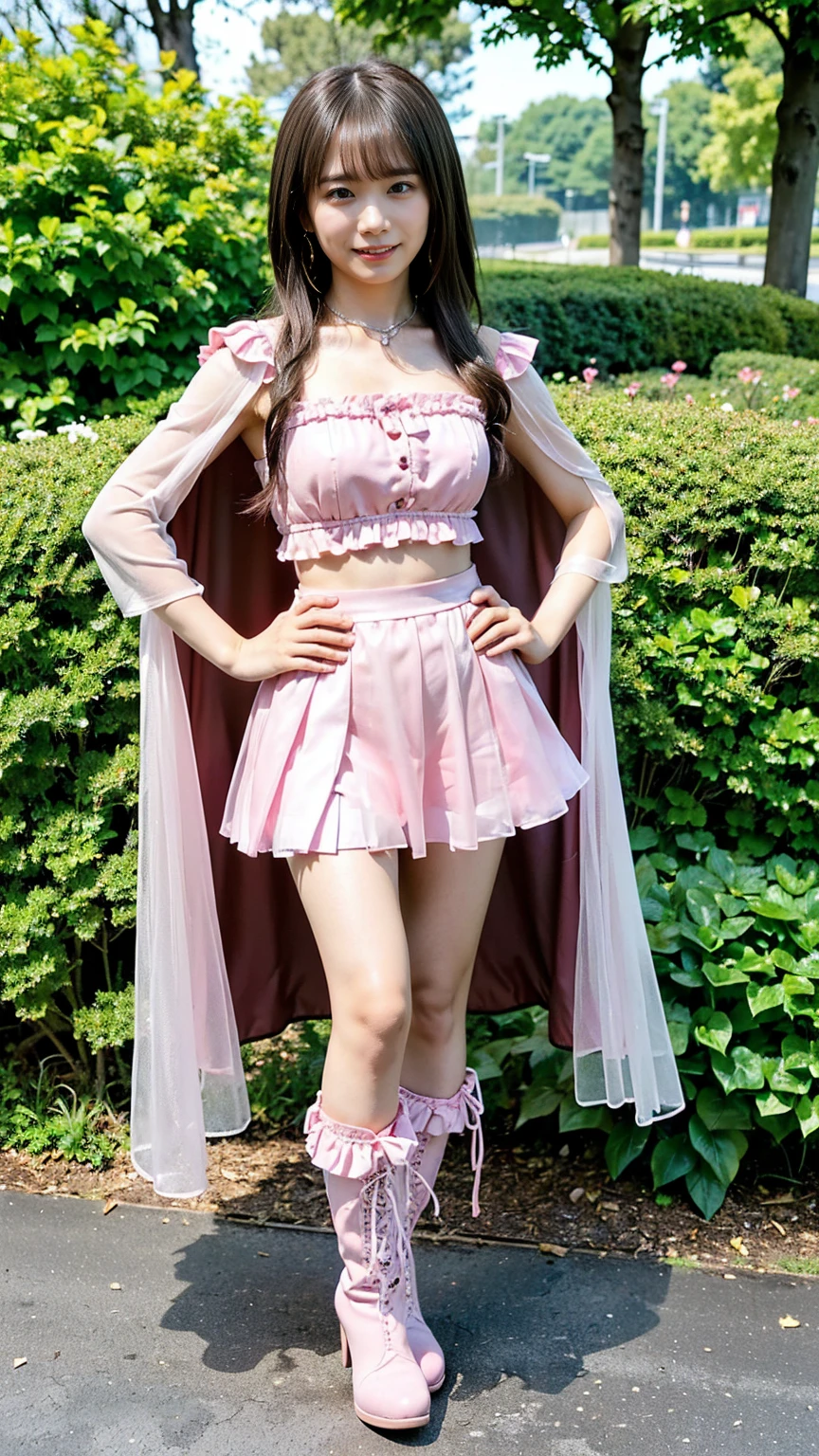 (8k、RAW Photos、highest quality、masterpiece:1.2)、(Realistic、Realistic)、1 girl、((Pink and black miniskirt、Bustier、Cape、boots、See-through、Frills、smile、I can see your feet、garden、Semi-long hair、Standing with hands on hips))、Lots of eyelashes、Glowing eyelids、skeletally correct