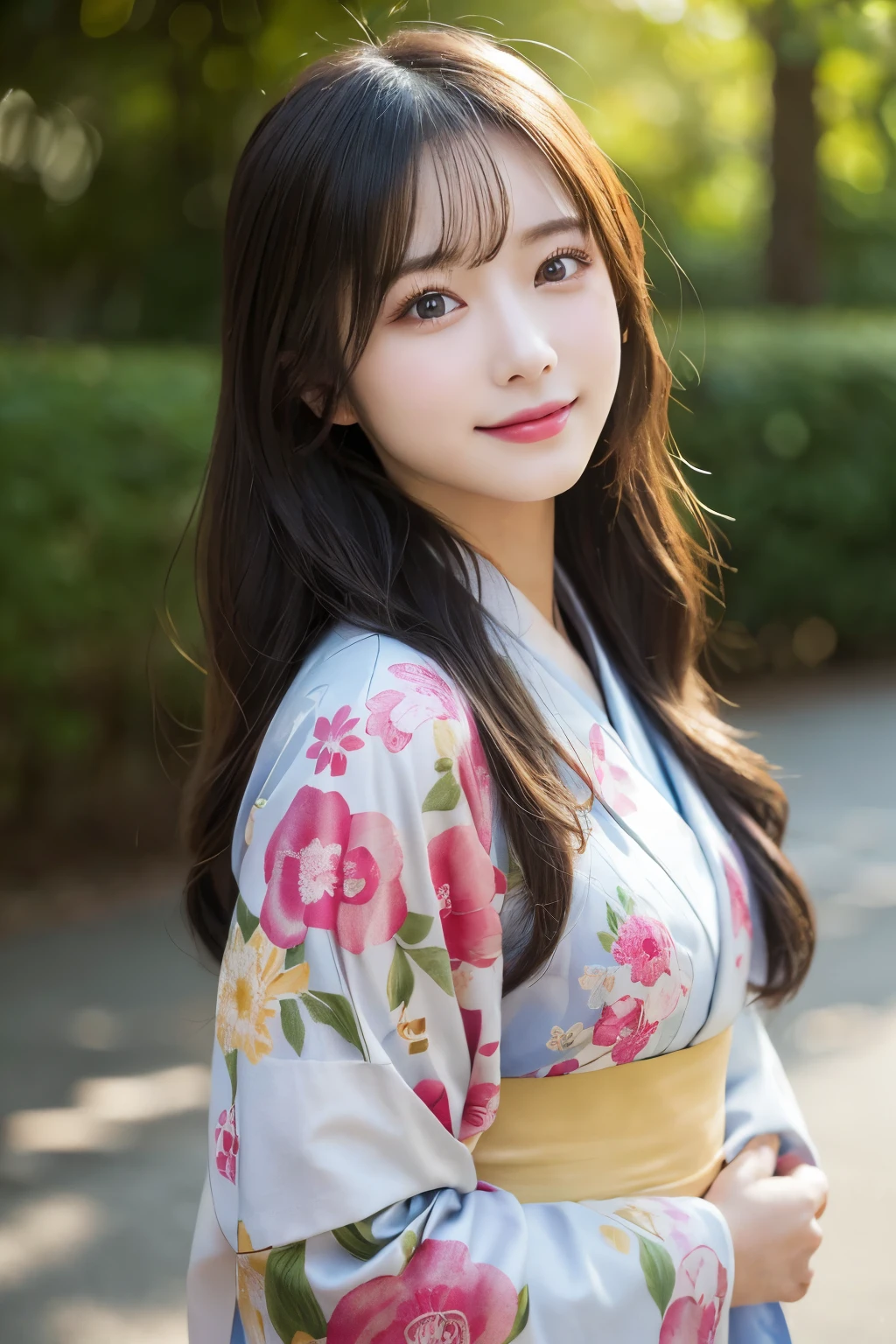 （kimono）、(highest quality、8k、High resolution、masterpiece:1.2)、Very detailed、(Realistic、photoRealistic、photo-Realistic:1.3)、Bokeh、Portraiture、smile、(Beautiful and detailed eyes、Young face、Detailed face、No makeup)、A little backlight、Depth of written boundary、chromatic aberration、Use natural light and color、Wide range of lighting、Natural Shading、Caustics