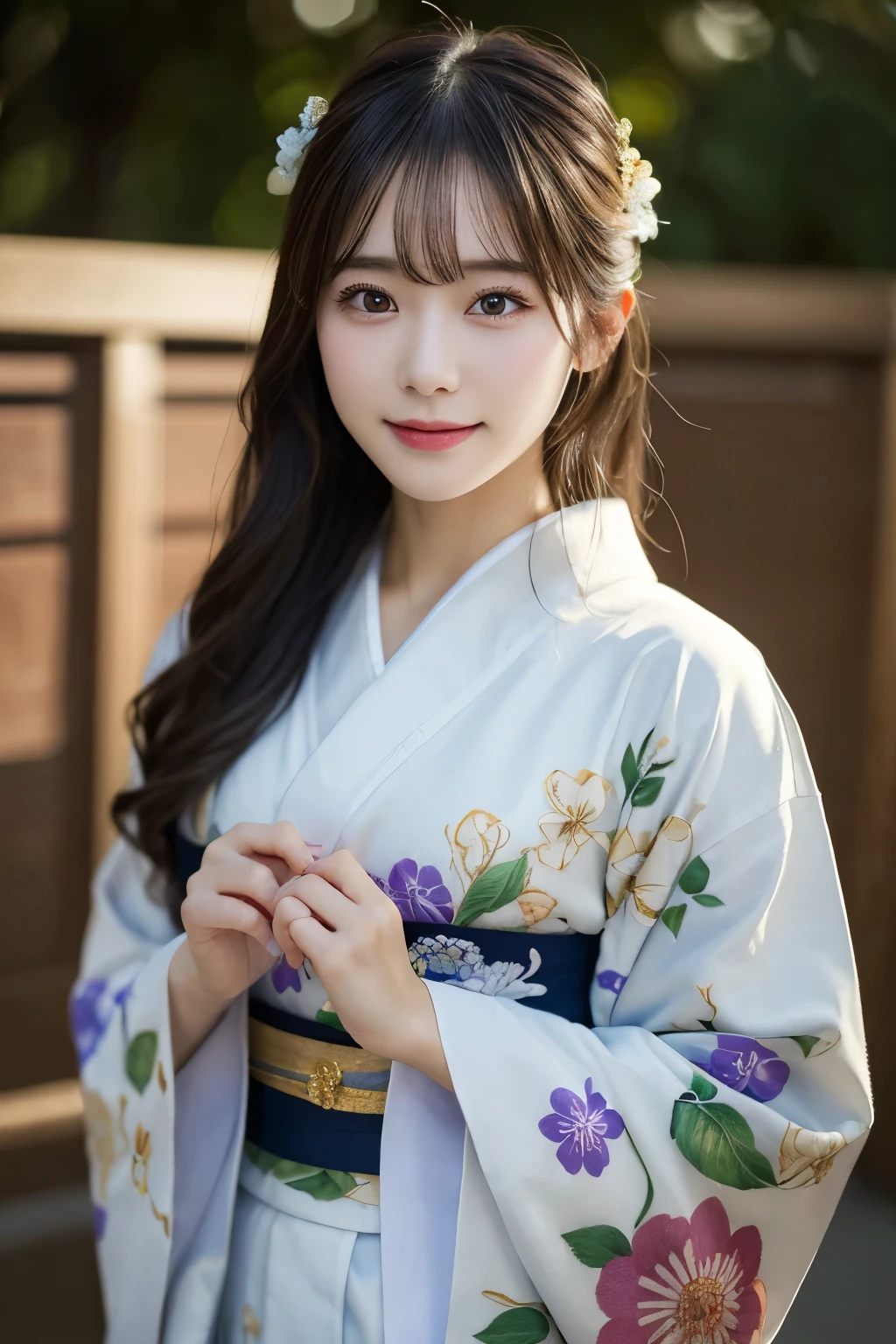 （kimono）、(highest quality、8k、High resolution、masterpiece:1.2)、Very detailed、(Realistic、photoRealistic、photo-Realistic:1.3)、Bokeh、Portraiture、smile、(Beautiful and detailed eyes、Young face、Detailed face、No makeup)、A little backlight、Depth of written boundary、chromatic aberration、Use natural light and color、Wide range of lighting、Natural Shading、Caustics