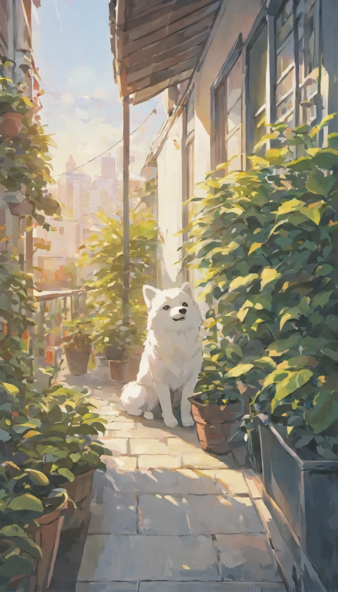 one dog,Samoyed dog,Balcony,Watching over a small plant,Potted plants,Asahi,Japan animated style,soft colors,Natural pose,Growing small plants