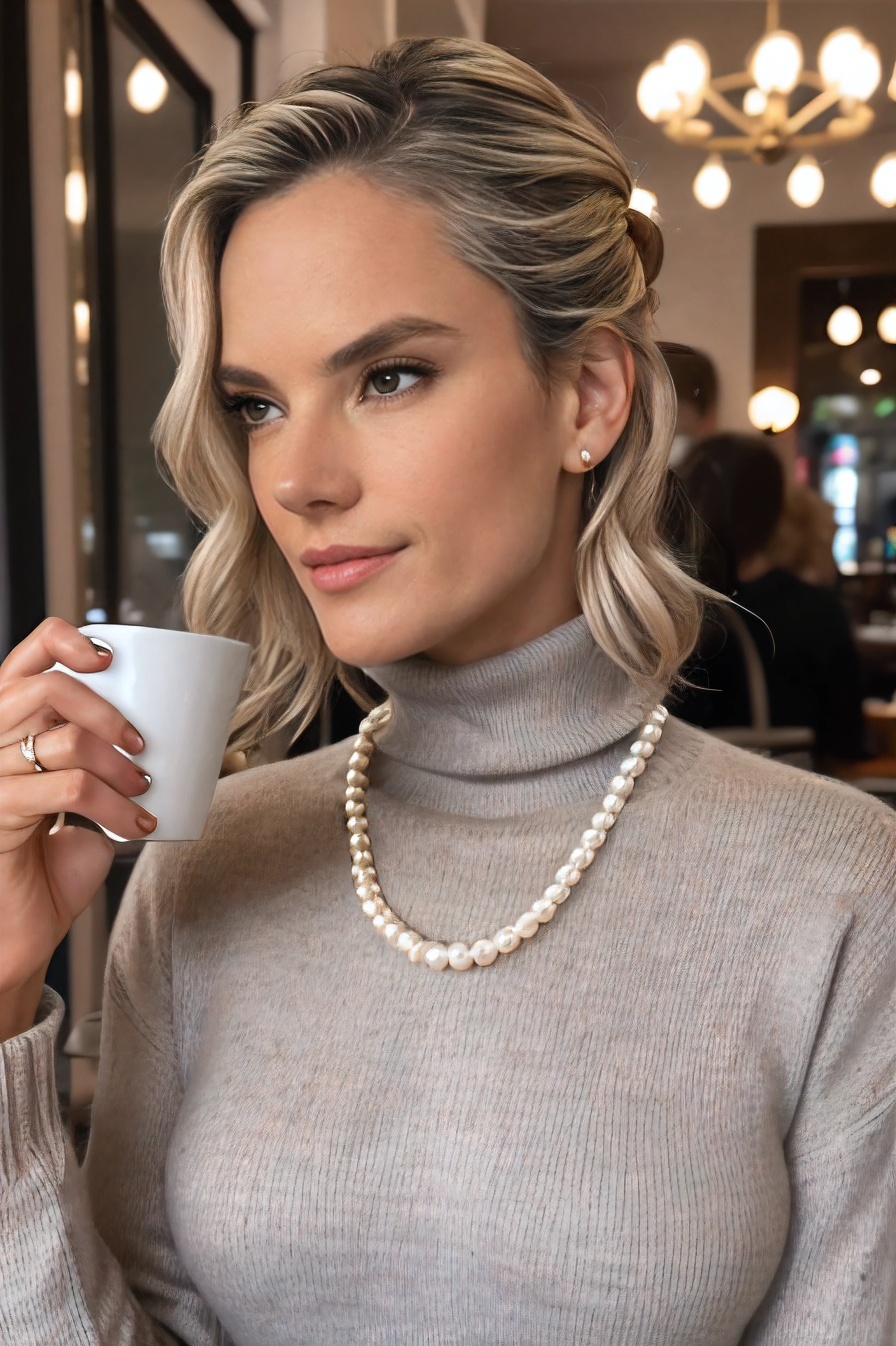 portrait of a woman in a cafe, Gray Turtleneck Sweater, Pearl necklace, hair in a bun, 8K, Photorealistic, woman 35 years old, blonde