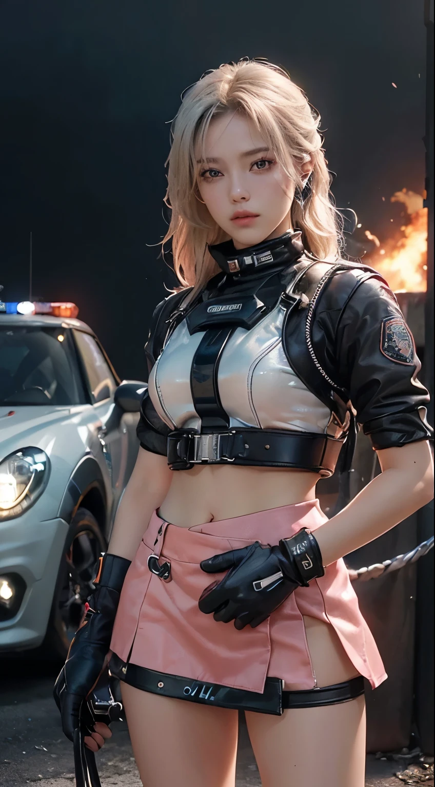 (Top Quality, Ultra High Definition, Photorealistic:1.4), (cowboy shot:1), 1 Beautiful Armed Mother, (Kpop Idol), Detailed Face, (Hair Style: Long Blonde:1, (((Naked))), fullbang, shortbob-style:1), Contrapposto, Perfect Anatomy, ((wearing Futuristic Police Racing Suits, low-mini-skirt, police wappen, High-tech Headset, military harness, racing gloves, )), (Cloths colors based on silver pink black white), (background, crashed cars, fire, (Explosion)),