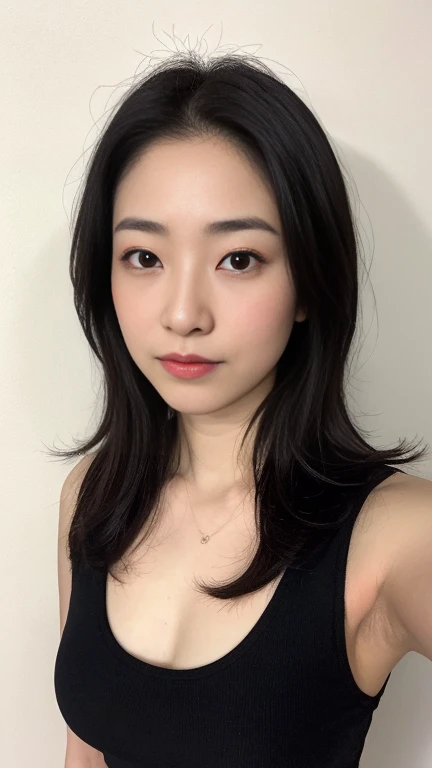 highest quality,masterpiece,Ultra-high resolution,(Realistic:1.4),Beautiful lighting, (Highly detailed CG Unity 8k wallpaper), Beautiful face in every detail,Detailed clothing, 50mm portrait photography, No background、One Girl,Big black eyes, cute, young, Pause, Facial Lighting, Physically Based Rendering,Written boundary depth , Black Hair, Medium Hair, ((Take from above)), Japanese women、20-year-old、Black Shirt、(Large Breasts)、(Upper Body)、Young and beautiful woman taking a selfie, Taken with iPhone camera、In front of a white wall、
