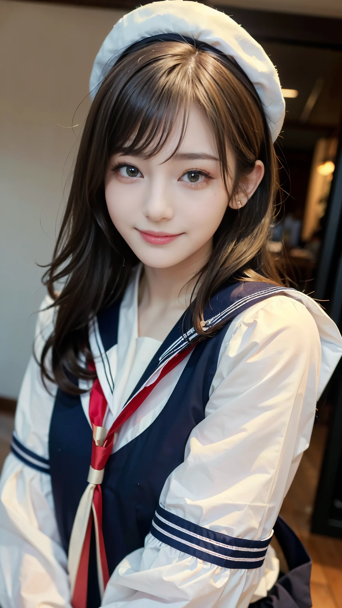 ((highest quality、Masterpiece、High resolution))、(((Zoom photo of upper body)))、(A shy smile:1.2)、One 15-year-old female、Beautiful Skin、Beautiful Eyes、Sailor suit、Trimmed bangs
