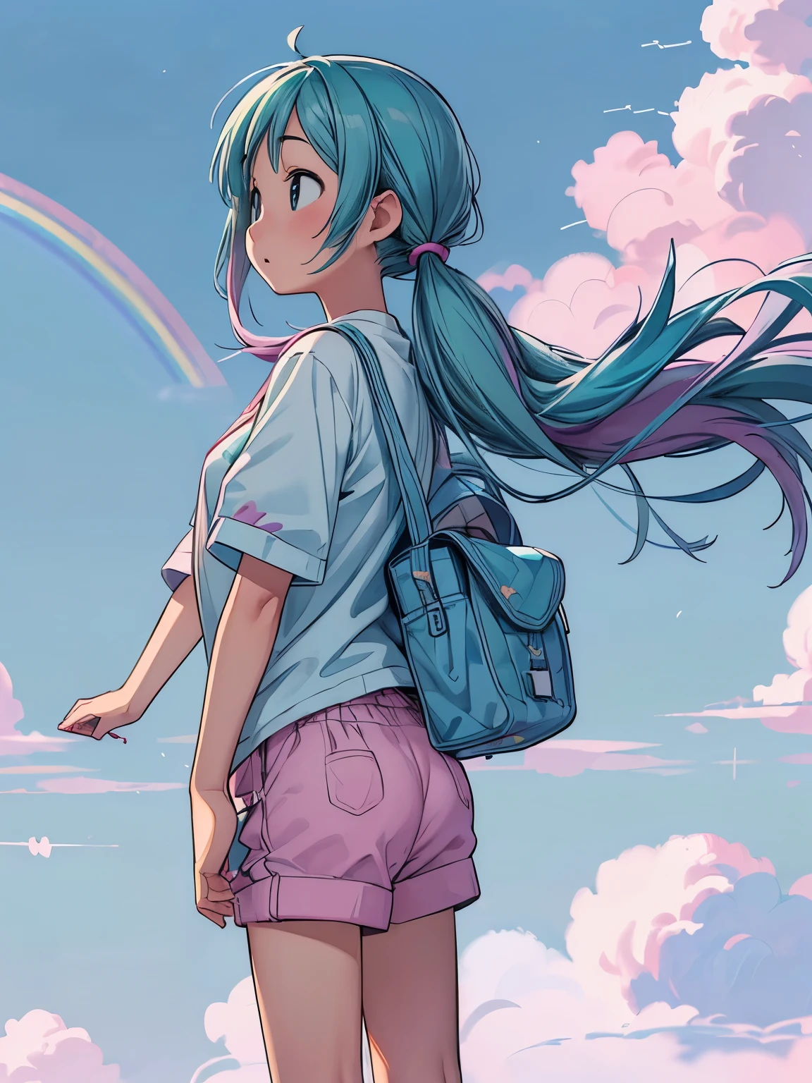 (masterpiece、highest quality、highest quality、Official Art、Beautiful and beautiful:1.2)、(One girl:1.3)Hatsune Miku、Twin tails,Big Breasts,(((Floating in the sky:1.2、One Girl、Standing on the Clouds)))、Pastel clouds、Perfect Anatomy、Small face、Small Nose、Fuller lips、Twin tails、rainbow colored hair、Dirty clothes、Disheveled clothing、It impossible、fly in the sky、(((背景はPastel clouds:1.5、rainbow、Blurred Background)))、highest quality、High resolution、High resolution、Cinema Lighting、Professional Photographer