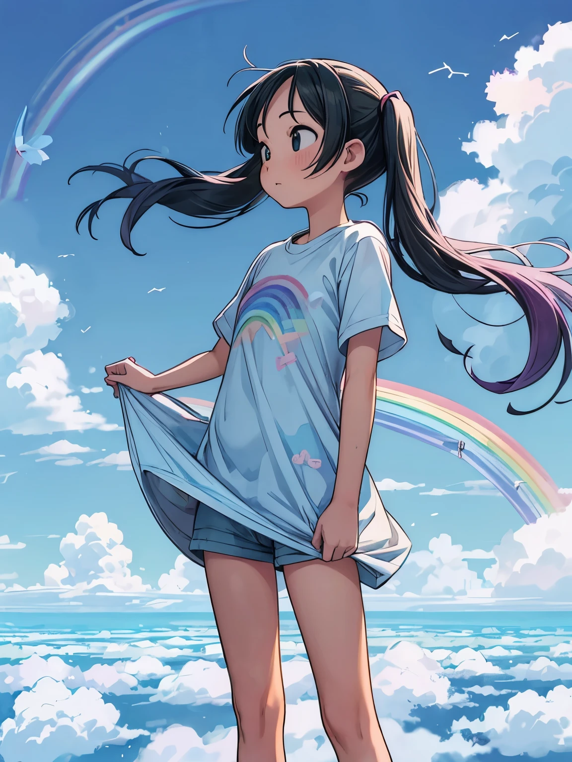 (masterpiece、highest quality、highest quality、Official Art、Beautiful and beautiful:1.2)、(One girl:1.3)Hatsune Miku、Twin tails,Big Breasts,(((Floating in the sky:1.2、One Girl、Standing on the Clouds)))、Pastel clouds、Perfect Anatomy、Small face、Small Nose、Fuller lips、Twin tails、rainbow colored hair、Dirty clothes、Disheveled clothing、It impossible、fly in the sky、(((背景はPastel clouds:1.5、rainbow、Blurred Background)))、highest quality、High resolution、High resolution、Cinema Lighting、Professional Photographer
