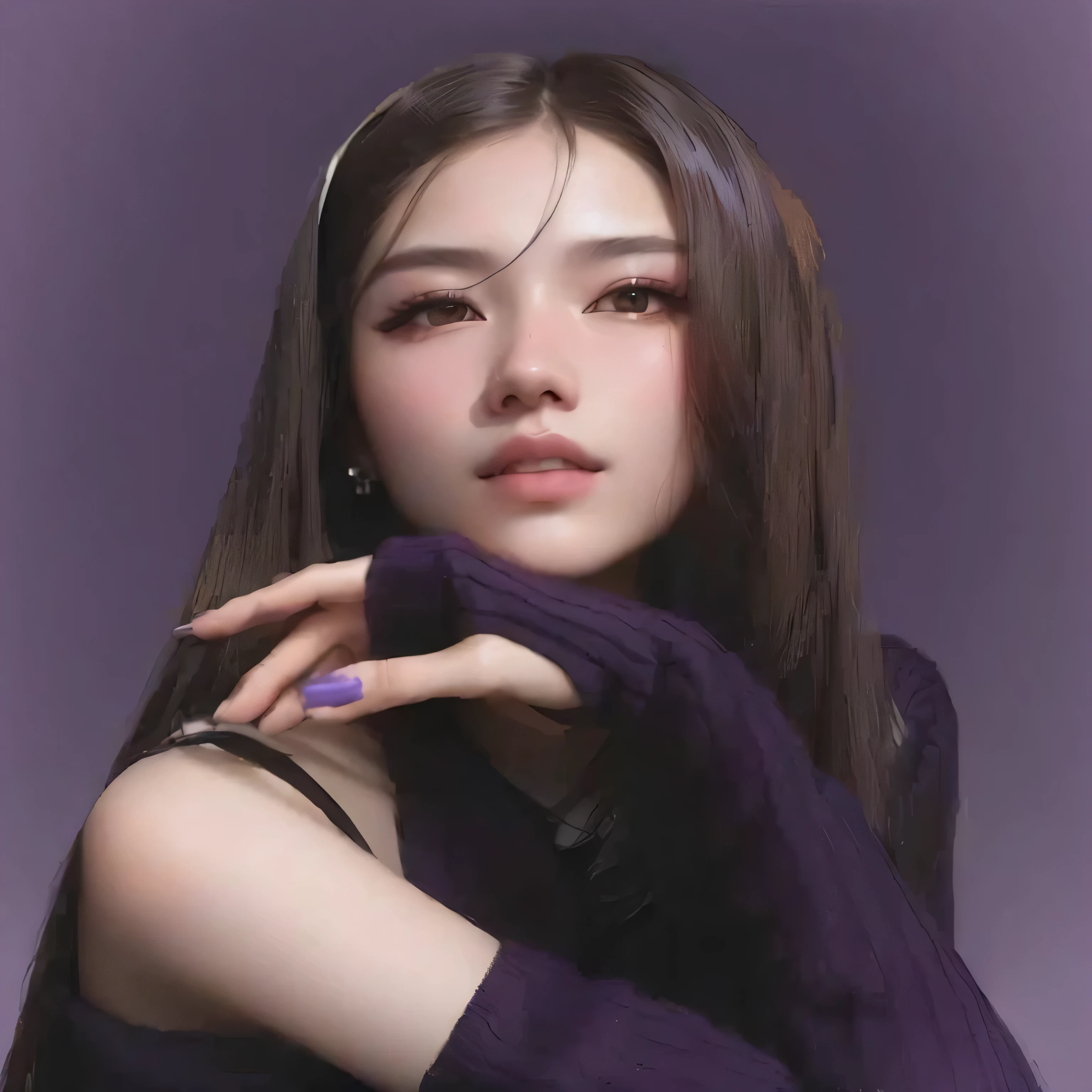 a close up of a woman with long hair wearing a purple sweater, portrait of jossi of blackpink, ruan jia beautiful!, jossi of blackpink, jaeyeon nam, yanjun chengt, heonhwa choe, inspired by Russell Dongjun Lu, jiyun chae, realistic. cheng yi, park ji-min, gongbi