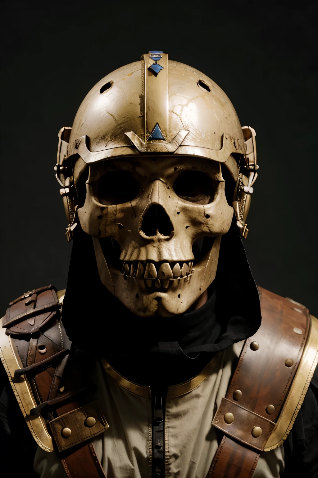 a skull wearing a roman centurion  helmet, wings on side of the helmet 