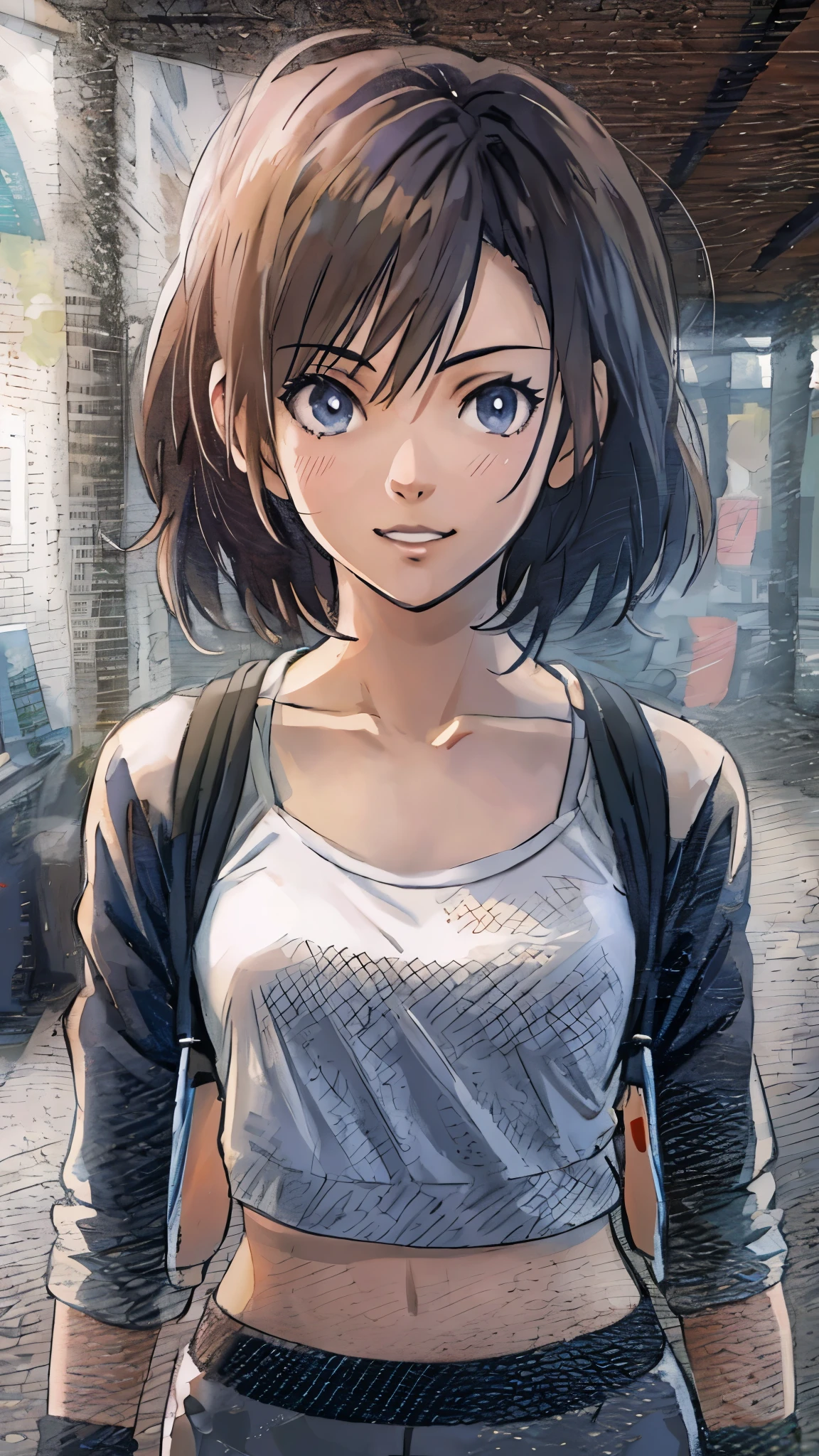 (Best Quality,4K,8K,hight resolution,masutepiece:1.2), Ultra-detailed, (Realistic,photoRealistic,photo-Realistic:1.37),((full body)),(slender body),(very-short-hair-girl), Wearing sweat,grin,((sports bra and black leggings)), wristbands,White loose socks,Black sneakers,Beautiful detailed eyes, Beautiful detailed lips, extremely detailed eye and face, long eyelashes, Realistic anime 3D style, Smooth Anime CG Art, Digital rendering by Makoto Shinkai, Moe Anime Art Style, photoRealistic rendering of an anime girl, Shinkai Makoto style, Cute anime girl visuals, Realistic young anime girl, girl fan art, Created by Anime Artist'studio of.