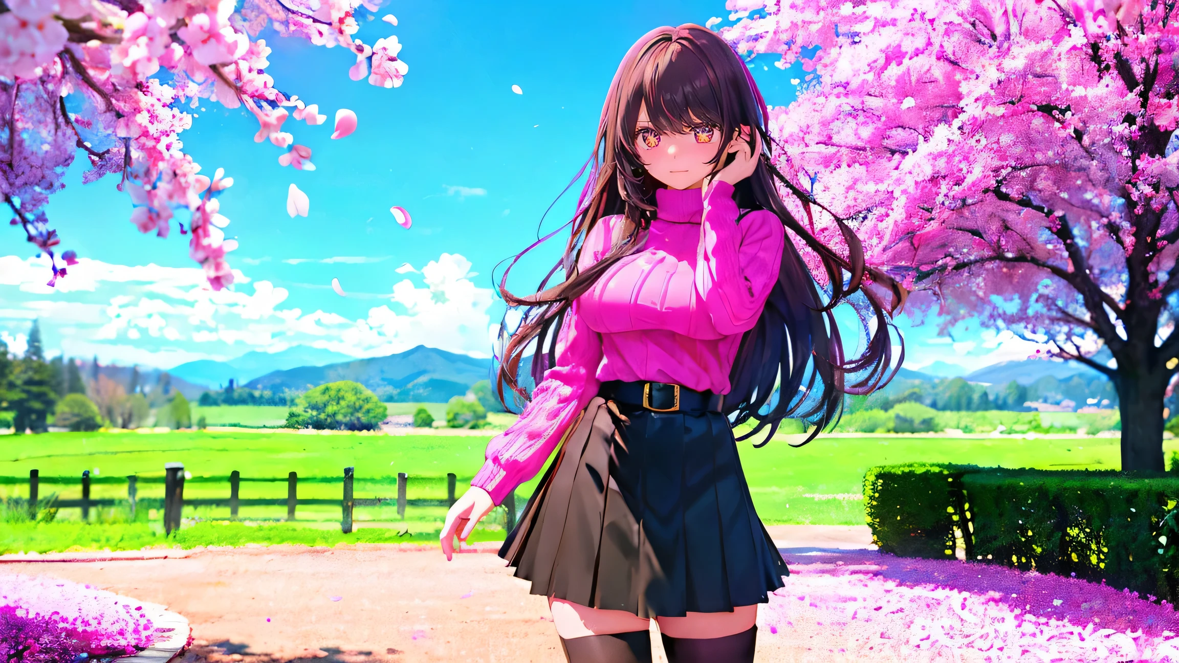 cherry blossoms, branch, spring \(season\), hanami, tree, petals, earrings, jewelry, falling petals, 1girl, thighhighs, bare tree, pink flower, skirt, blue sky, day, breasts, ribbed sweater, outdoors, bangs, solo, long hair, yellow eyes, sweater, wisteria, long sleeves, large breasts, turtleneck, blurry, looking at viewer, black legwear, sky, smile, brown hair, thighs, fence, standing, blush, black skirt, in tree, belt, cowboy shot, arm support, eye visible through hair