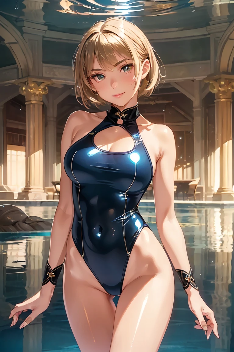 (five fingers:1.5), extremely detailed CG, super detailed skin, perfect anatomy, dynamic lighting, beautiful detailed eyes, (1girl:2), Outstanding smile、 age woman、Japanes、huge breast、short hair、(Shiny skin:1.4)、sexy pose, Esbian all over、(High leg swimsuit:1.2), (Reflection of light:1.4), High leg panties,