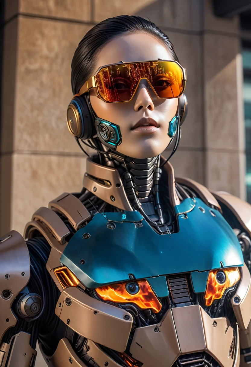 a close up of a robot in a building with a sunglasses on, cyberpunk flame suit, cyberpunk armor, cyberpunk suit, sci - fi suit, intricate cyberpunk armor, cybernetic fire armor, a large titan face, attack on titan, ultra detailed, highly realistic, photorealistic, 8k, 4k, hyper-realistic,