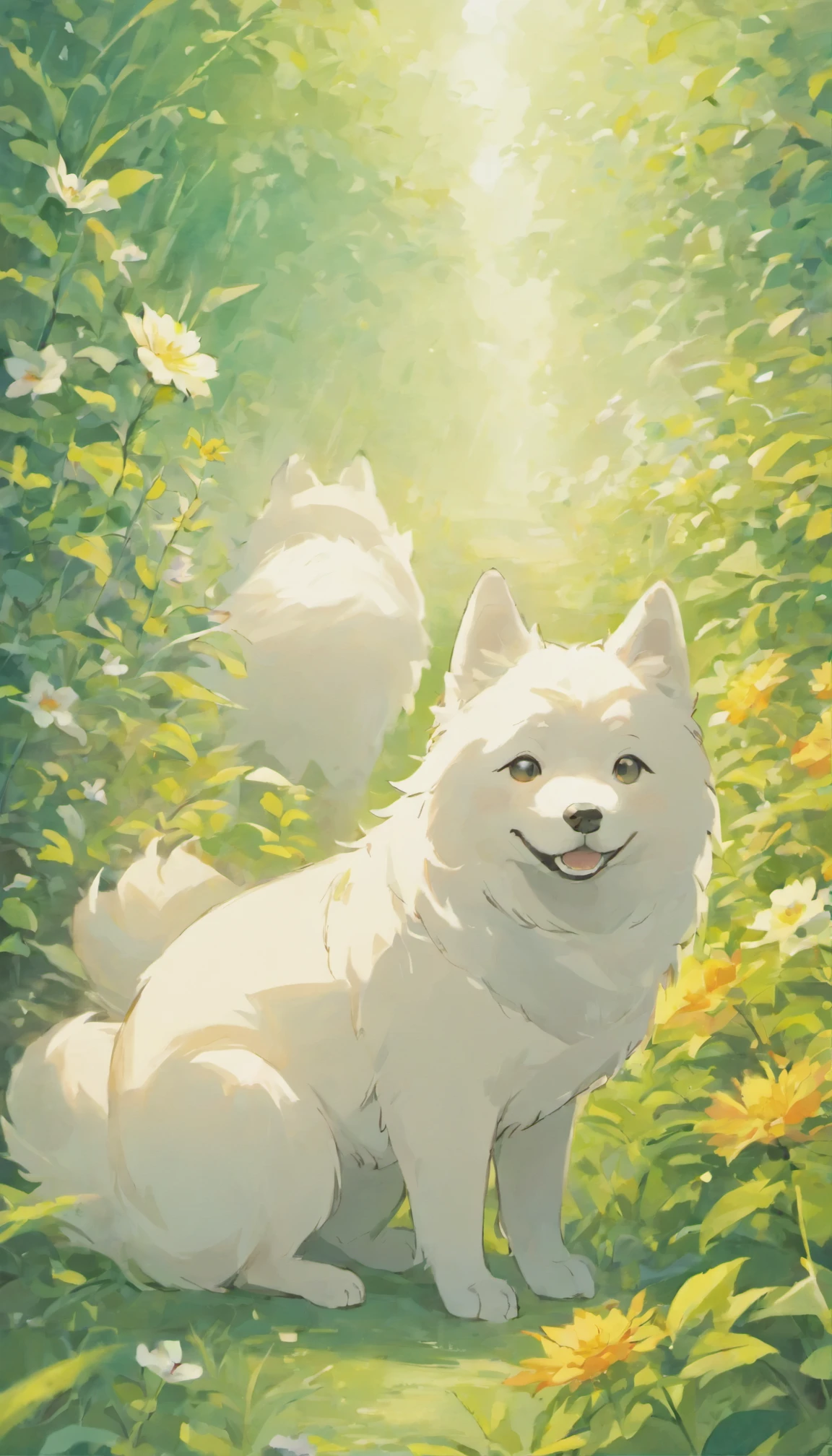 one dog,Samoyed dog,Blooming flower plant,Taking a photo with a camera,garden,Japan animated style,soft colors,Natural pose,Take a photo of a flower in bloom