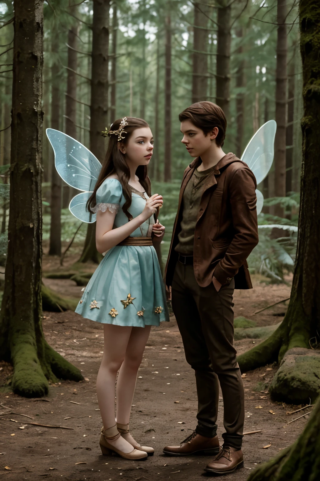 A fairy with Anya Taylor-Joy's features, cabelos dourados, in a dark forest at twilight, ruinas rochosas ao fundo, cinematic, 8k, ultrarealista