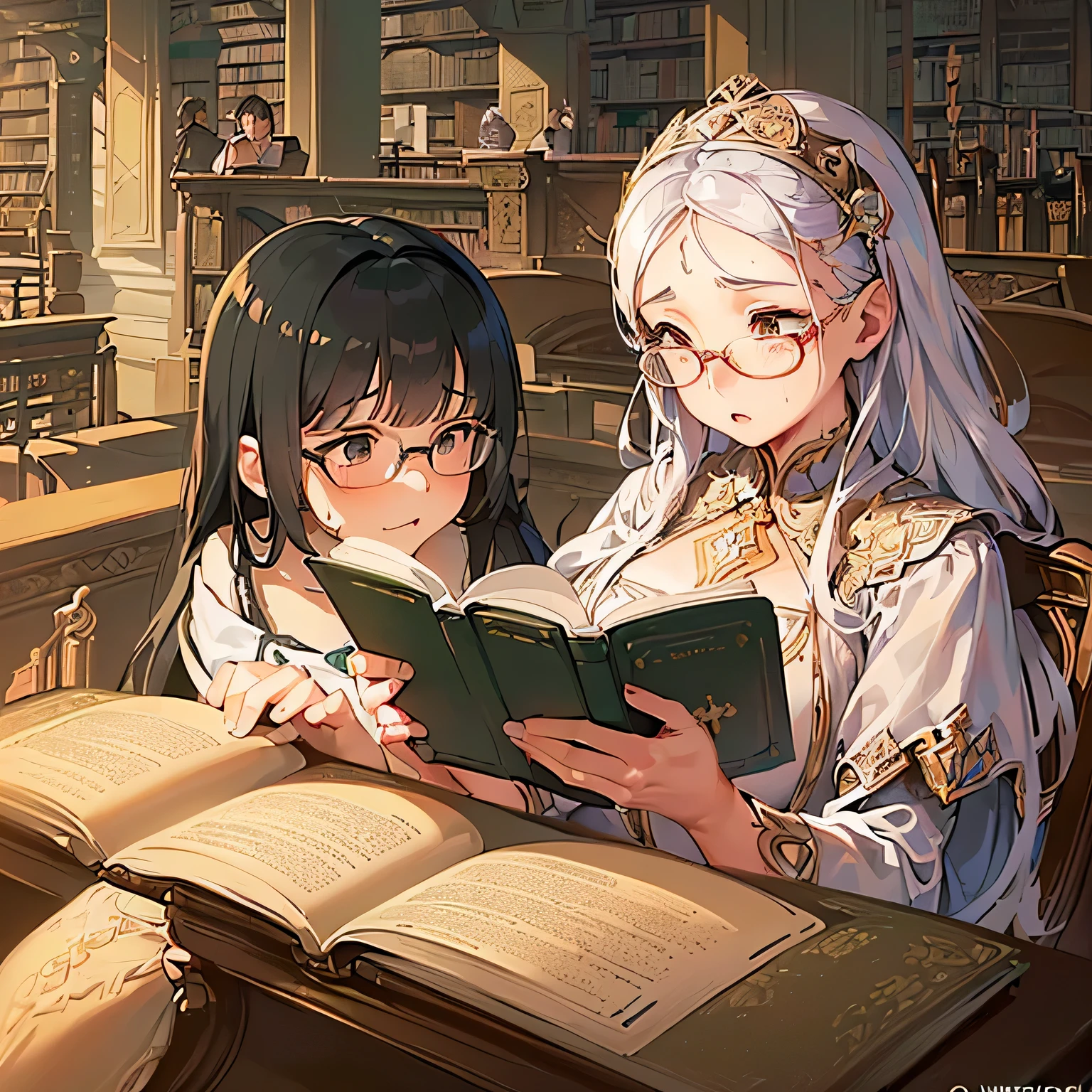 masterpiece, best quality, ultra delicate, intricate composition, (A girl with glasses who still retains her youthful appearance, immersed in reading books on the shelves of a huge library containing the wisdom of humanity.:1.5), 1girl, solo, young, , glasses, Indoor, huge library, bookshelf, natural lighting, kawaii, anime style, (fantasy:1.5),