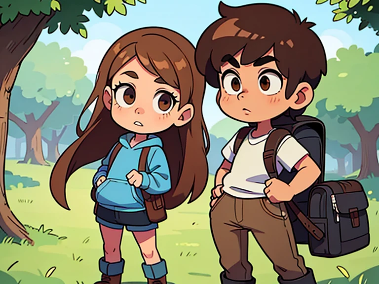 masterpiece; Style: daily; necessary background: Nature of Russia, middle lane;; обязательный Style одежды: sweatshirt, jeans, hiking boots, fingerless gloves, backpack;  Characters: 1 guy and 1 girl (absolute similarity(twins)) Brother and sister, very tousled brown tousled hair, Brown eyes, round beautiful face, muscular proportional athletic trained body, trained arms and legs, Graceful fingers, aesthetic proportional small wide nose, plump lips; aesthetic completeness, perfect face; Free standing pose, Interaction with each other; many small details, Intricate details; high quality textures, high detail, realistic human anatomy, realistic textures, daylight, increased image clarity 