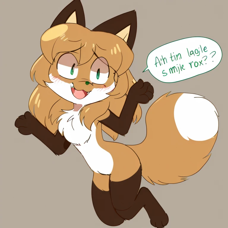 Nervous smiling, uploaded the e621, simple background, grey background, beautiful and detailed, woman (((female))) ((anthro)) Fox, (Averi, Fox girl), cinematic lighting, Fox, (anthro, fluffy fur, character focus:1.1), 1girl, anthro fox girl, body fur, curvy, sexy, nice, cute, hot, sassy, sassy hips, playful expression, smiling, looking happy, blushing, looking excited, comfortable anime-style cartoon-style, digital drawing, fully open eyes, green eyes, SFW, flat chest, jumping, in mid air, falling, one leg up, looking at viewer, speech bubble