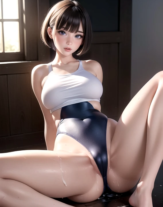 20 year old Japanese woman,(非常にdetailedな肌),Curvy,,美しいBig Breasts,(Big Breasts),Pale skin,Pointed Chest,Erect nipples,(Fantasy art,Best image quality,Hyperrealist portrait,(8k),Ultra-realistic,最high quality, high quality, High resolution, high quality texture,Attention to detail,Beautiful details,detailed,Extremely detailed CG,detailed Texture,Realistic facial expressions,masterpiece,in front,dynamic,bold),(((short pixie cut))),(Very thin hair),(Very soft hair),(Super Straight Hair:1.5),length, sleek bangs,Very light coppery amber hair,Hair in one eye、(((Wearing a competitive swimsuit))) (((The crotch part of the crotch is shifted to show genitals))) (((Exposed genitals))) (((The labia minora are exposed)))(((detailedな性器の描写)))、The lines of the body are clearly visible、(((Depiction of beautiful fingers))) (((Beautiful body depiction))) (((Spread your legs in an M shape))) (((Sit with your legs apart)))、(((Accentuate the crotch)))、(((Exposed genitalsを見せつける)))(((Full body photo)))、(((Low angle photo)))、(((Correct ankle orientation)))(((Correct number of legs))) (((genitals and anus are exposed,,,,)))(((Expressing the spread of the genitals)))(((genitals are wet with body fluids)))