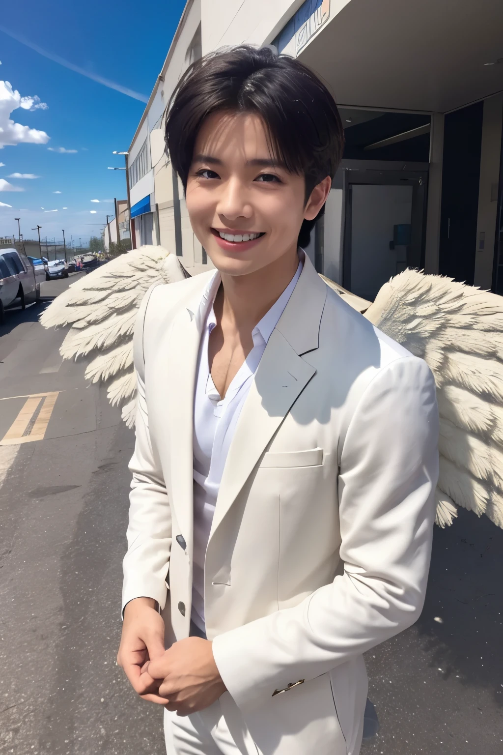 masterpiece, The best quality at its best, 1peopleの男の子, アジアpeople男性, 東アジアpeople, people, Muscles are balanced, (((White Wings:1.5)))、Short Hair Details,With a smile, White teeth, Blue striped suit, Realistic Style,photograph,Viewed from the front, Displaying the viewer,Flying in the sky、Above the Clouds、blue sky