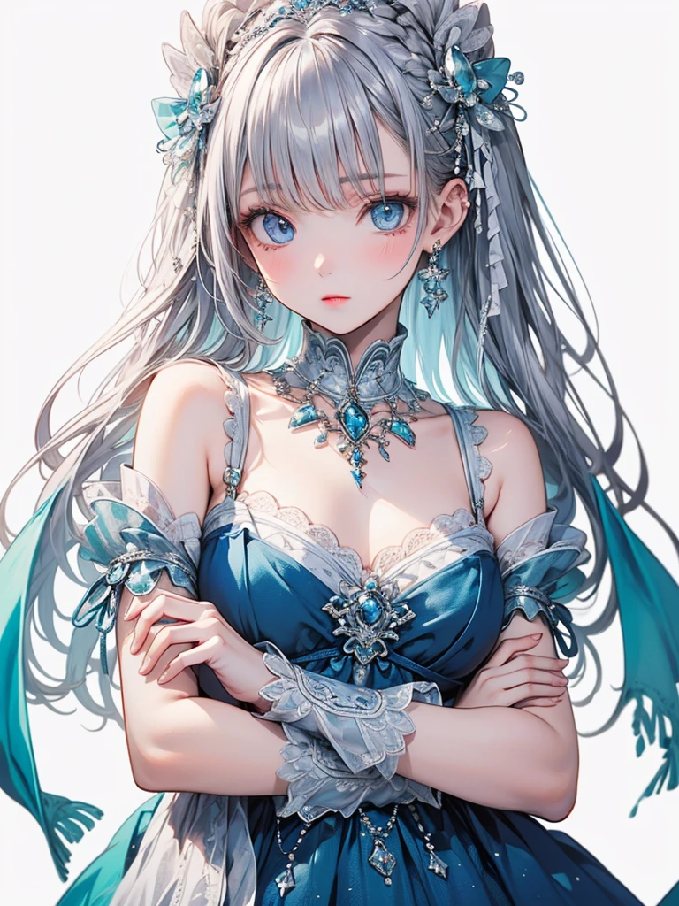 (masterpiece),(highest quality:1.2),(Perfect Anatomy),Exquisite detail,((1 Girl)),Long silver hair,((Flat Chest)),Beautiful and exquisite blue eyes,Royal blue long dress,Aqua blue shawl draped over shoulders,Blue Footprints,(White background)