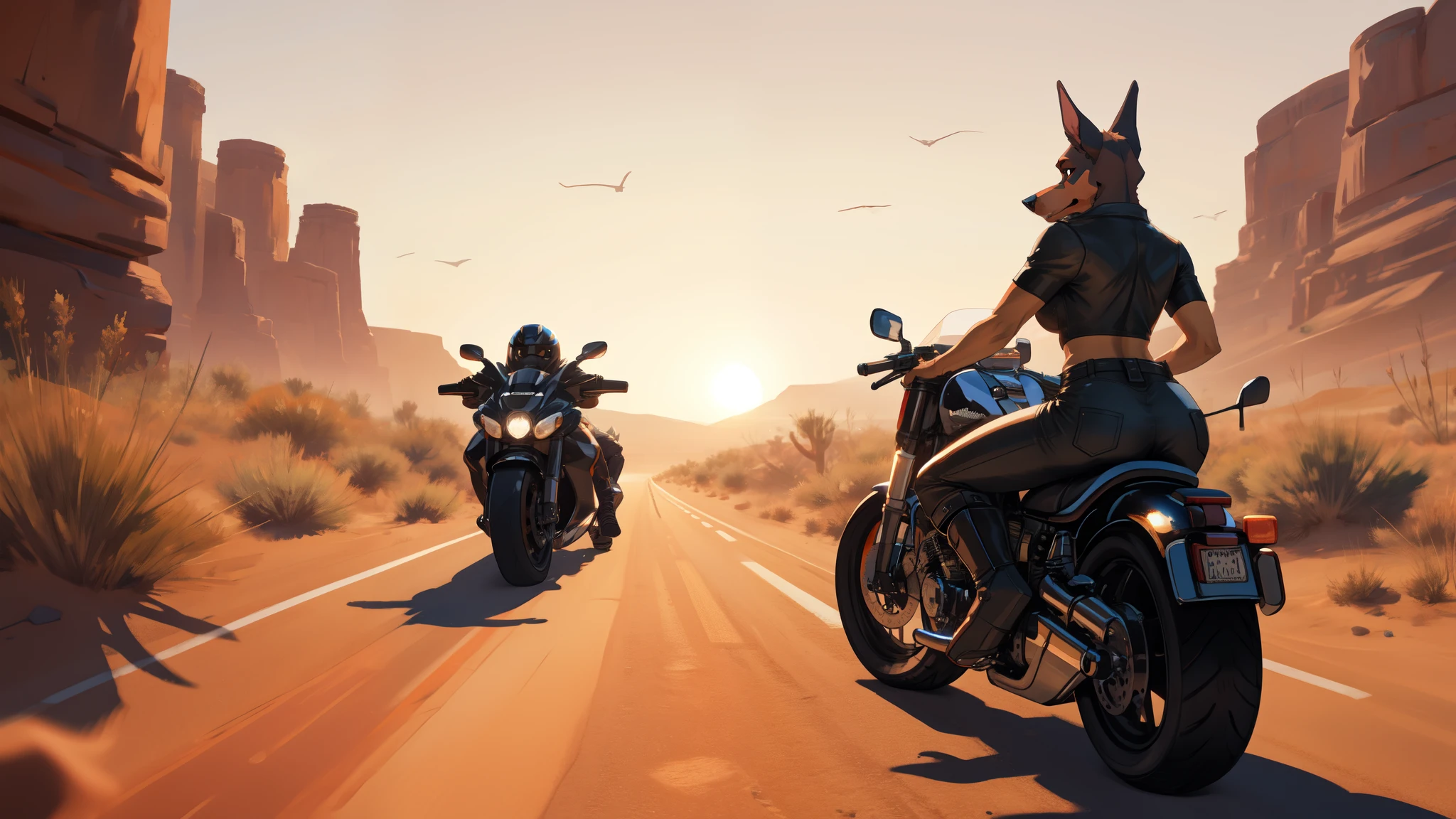 Riding on the motorcycle, dog, doberman, female, tight pants, butt, canine pussy, tight shirt, motorcycle boots, morning, long road, desert, speed effect 
