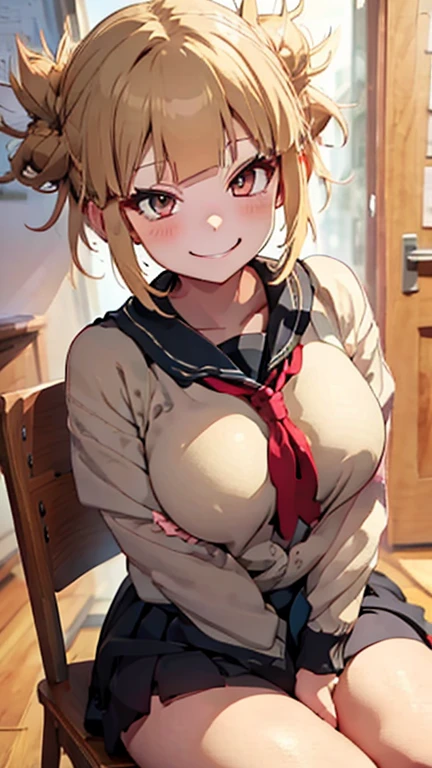 Himiko Toga,Big Breasts,Black Uniform,Smiling expression,Sitting on a chair,Date Spot,Extend your hand to the camera,