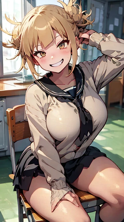 Himiko Toga,Big Breasts,Black Uniform,Smiling expression,Sitting on a chair,Date Spot,Extend your hand to the camera,