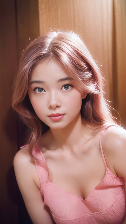 Gentle portrait of a beautiful Asian woman, flowing hair, captivating blue eyes, delicate features, radiant smile, natural makeup, elegantly dressed, ((Pink colour GRACE KARIN Boatneck Sleeveless Vintage Tea Dress)),gentle expression, slight blush, warm skin tones, fantastic lighting, soft shadows, high-resolution digital painting, realistic style, artistic interpretation, by a skilled portraitist.