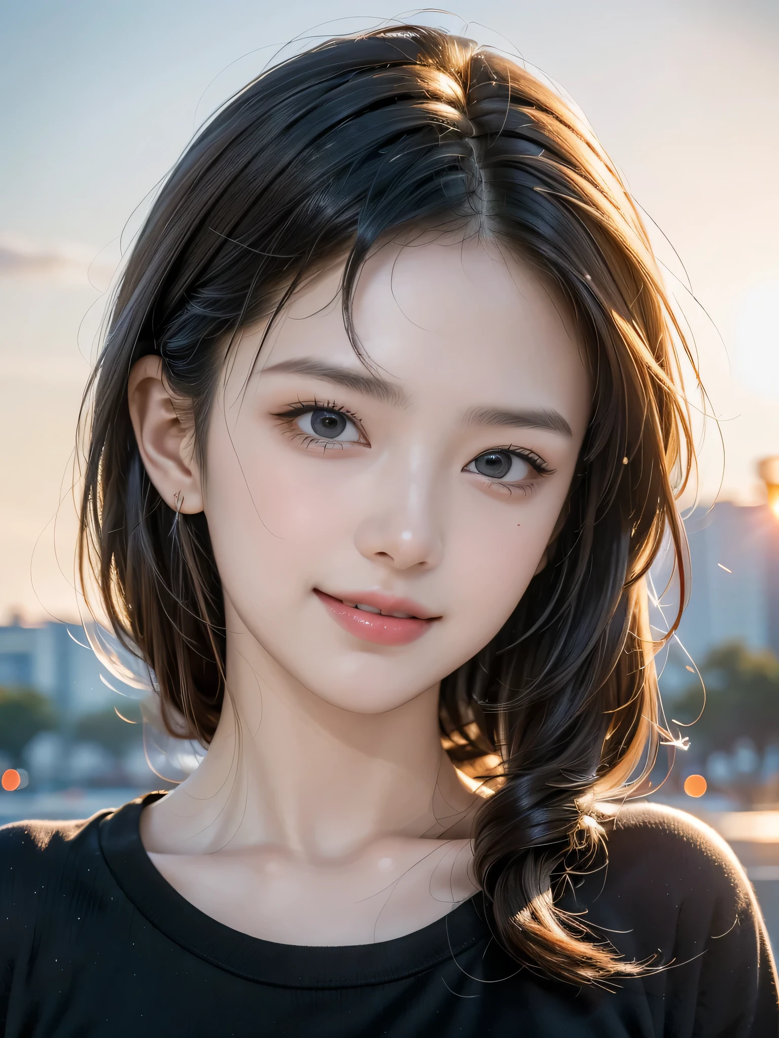 (highest quality,masterpiece:1.3,Ultra-high resolution),(Very detailed,8k), (Realistic:1.4, RAW shooting),Sunset sky,Japanese,17 years old,smile,Black Short Hair,Black Shirt,Bust up shot,Face Focus,Face close-up,Natural light,Illuminate from below,Professional Lighting