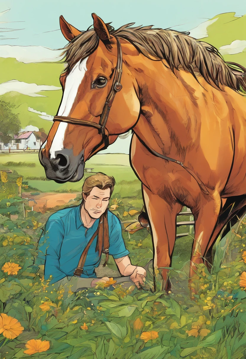 Horse at farm eat grass with his owner 