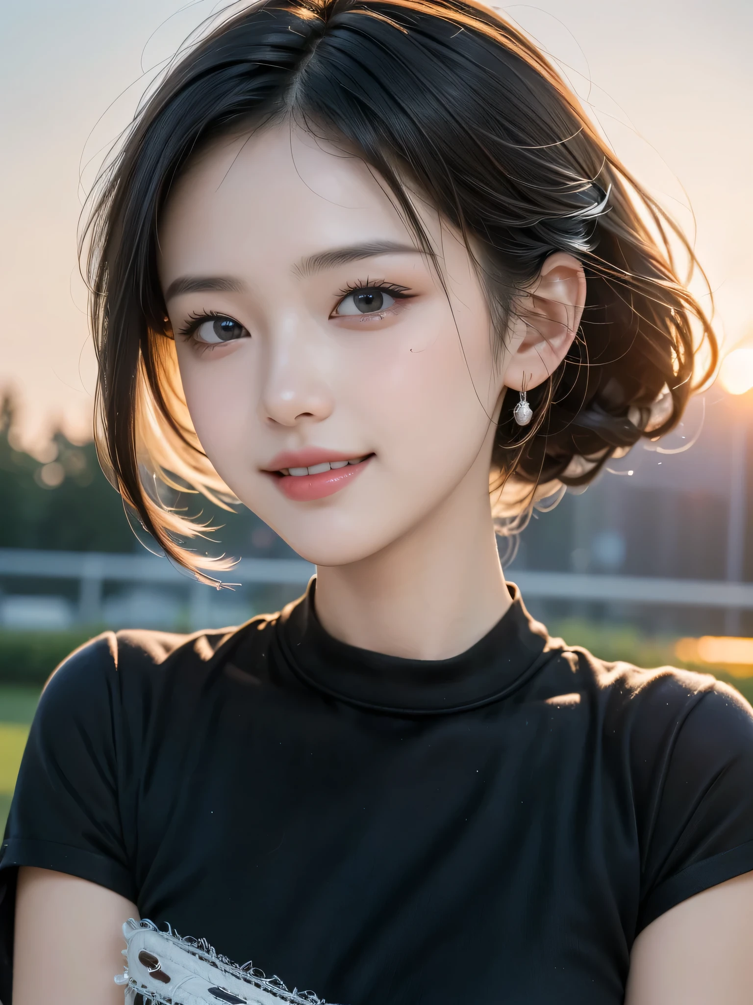 (highest quality,masterpiece:1.3,Ultra-high resolution),(Very detailed,8k), (Realistic:1.4, RAW shooting),Sunset sky,Japanese,,smile,Black Short Hair,Black Shirt,Bust up shot,Face Focus,Face close-up,Natural light,Illuminate from below,Professional Lighting
