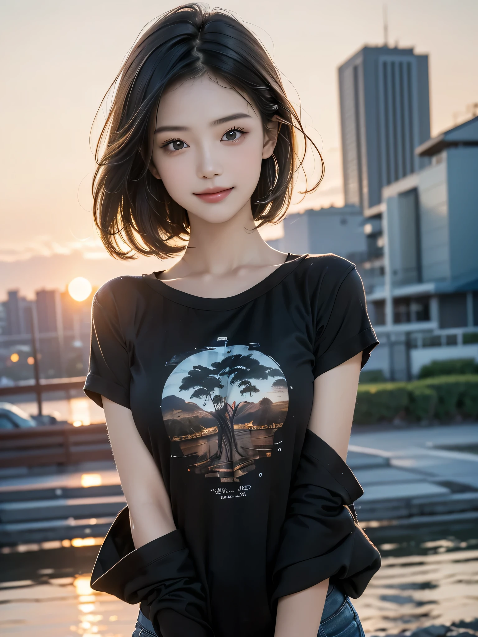 (highest quality,masterpiece:1.3,Ultra-high resolution),(Very detailed,8k), (Realistic:1.4, RAW shooting),Sunset sky,Japanese,17 years old,smile,Black Short Hair,Black Shirt,Bust up shot,Face Focus,Face close-up,Natural light,Illuminate from below,Professional Lighting