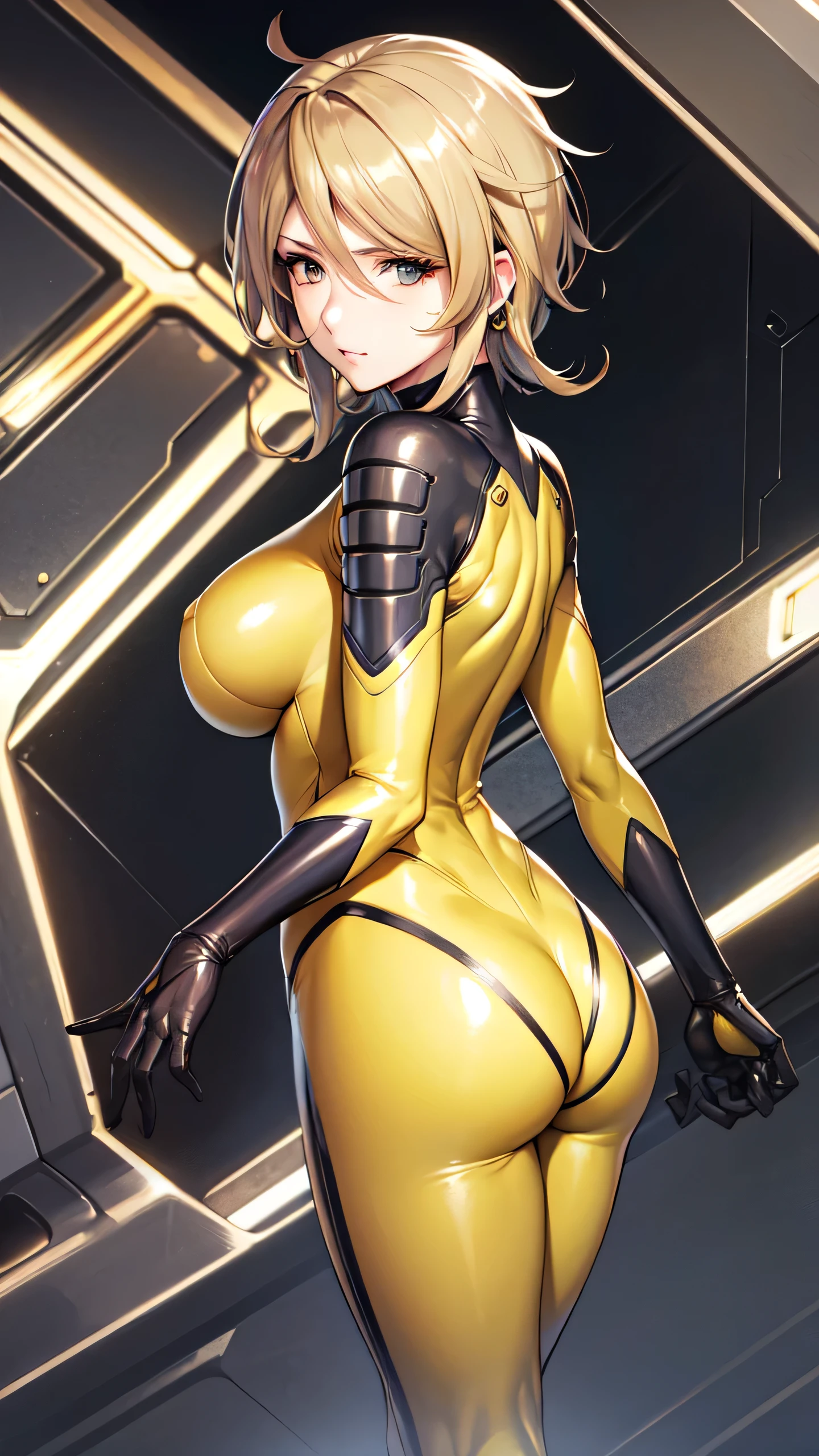 Mature Woman, Woman in a futuristic suit, highly Detailed face, nice, mother, Tomboy, Very large breasts, (Mature Woman), Mature Face, (Mature Woman), Cyber Suit, Anime girl in tight suit, Milfication, Elegant body, Focus on the navel, nude, gloves, Earrings, SF, Female protagonist, Are standing, Volumetric Light, Detailed lighting, Detailed Texture, BoobsCyberpunk, Biomechanical , masterpiece, (Top quality eyes), Detailed face, sci-fi background, Futuristic landscape, (((Yellow bodysuit))), (Chuby), big tits, (((high quality face))), (((ass))), back
