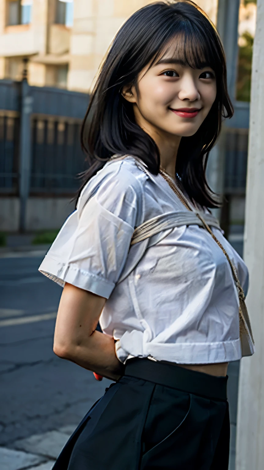 (masterpiece:1.2, highest quality), (Realistic, photoRealistic:1.4), beautiful photo, (Natural Side Lighting, Cinema Lighting), Browsing Caution:1.2, View your audience, (From behind), Beauty, whole body, 1 girl, Female college student, Perfect Face, Perfect Eyes, Well-balanced proportions、(Long black hair:1.5, Straight Hair), ((White short sleeve shirt, , Navy long skirt,), Wrist Chakra), White panties, (((shibari over clothes, Place your arms behind your back)), bondage, shibari:1.5, Arms tied, Bound breasts),(Beautiful views), Daytime, (Are standing), (Cute Smile, Upward glance), Small Bust、Small Ass、
