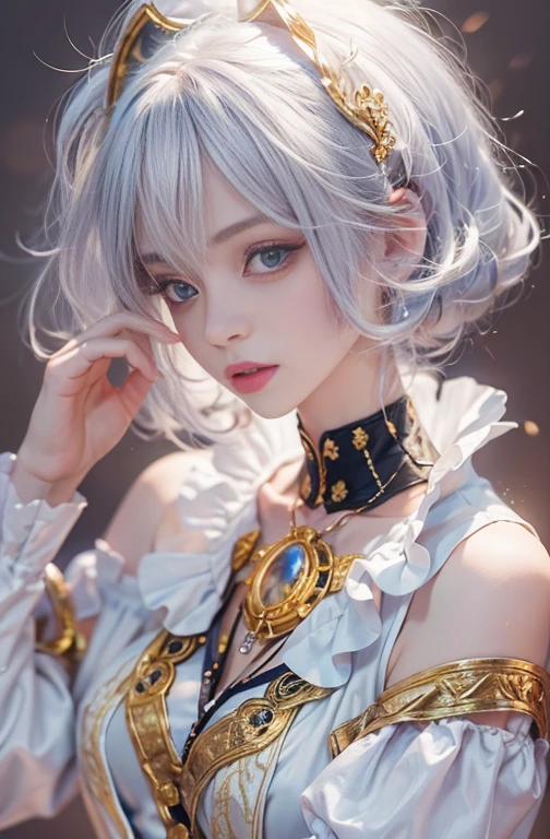 28 years old, Close-up portrait of a woman in a colorful clown costume、Shoulders out、thin、Serious expression、Short-haired、Deadly position, Gorgeous Necklace, Light milky porcelain skin, Smooth, Translucent white skin, Enchanting anime girl, Beautiful and seductive anime woman, Ultra realistic sweet bunny girl, Pale porcelain white skin, Smooth, Realistic and perfect body, Anime Girl Cosplay, Perfect body with realistic shadows, Switzerland'masterpiece