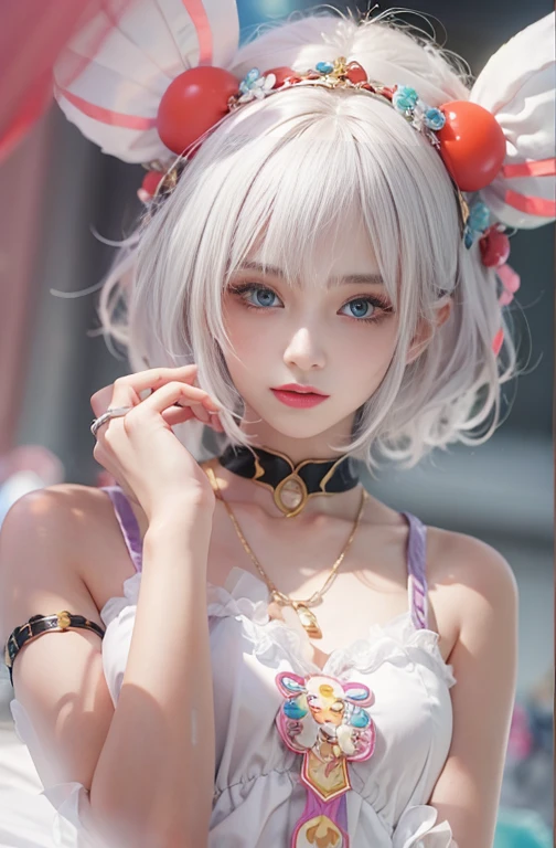 28 years old, Close-up portrait of a woman in a colorful clown costume、Shoulders out、thin、Serious expression、Short-haired、Deadly position, Gorgeous Necklace, Light milky porcelain skin, Smooth, Translucent white skin, Enchanting anime girl, Beautiful and seductive anime woman, Ultra realistic sweet bunny girl, Pale porcelain white skin, Smooth, Realistic and perfect body, Anime Girl Cosplay, Perfect body with realistic shadows, Switzerland&#39;masterpiece